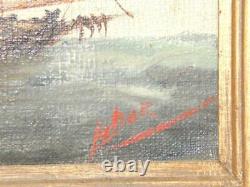 Vintage Sailing Ship French Flag Signed Oil Painting Antique Nautical Marine