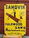 Vintage Sandvik Porcelain Sign Old Wood Chain Saw Lumber Tool Logging Gas Oil