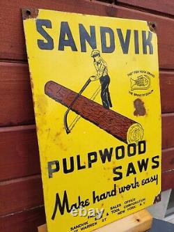 Vintage Sandvik Porcelain Sign Old Wood Chain Saw Lumber Tool Logging Gas Oil