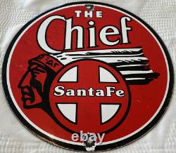 Vintage Santa Fe The Chief Porcelain Sign Gas Station Motor Oil Pump Plate Train