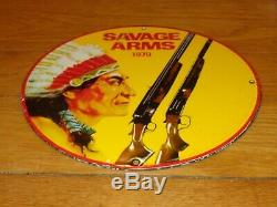 Vintage Savage Arms Shotgun & Indian 11 3/4 Porcelain Metal Gasoline Oil Sign