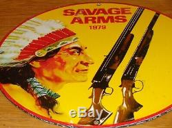 Vintage Savage Arms Shotgun & Indian 11 3/4 Porcelain Metal Gasoline Oil Sign