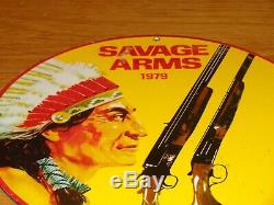 Vintage Savage Arms Shotgun & Indian 11 3/4 Porcelain Metal Gasoline Oil Sign