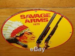 Vintage Savage Arms Shotgun & Indian 11 3/4 Porcelain Metal Gasoline Oil Sign