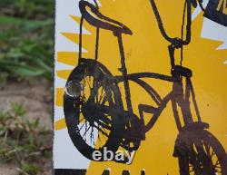 Vintage Schwinn Bicycle Metal Porcelain Sign Rare Gas Oil Pump Ad Stingray Rare