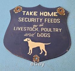 Vintage Security Feeds Porcelain Livestock Poultry Dogs Shield Gas Oil Pump Sign