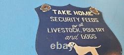 Vintage Security Feeds Porcelain Livestock Poultry Dogs Shield Gas Oil Pump Sign