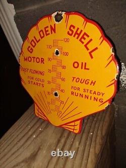 Vintage Shell Gasoline Clam Porcelain Thermometer Motor Oil Service Station Sign