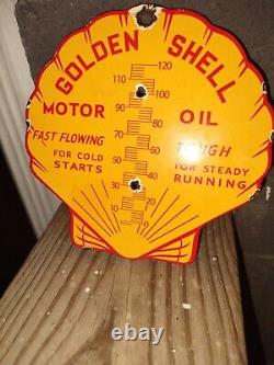 Vintage Shell Gasoline Clam Porcelain Thermometer Motor Oil Service Station Sign