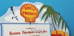 Vintage Shell Gasoline Porcelain Clam Shape Roxana Gas & Oil Pump Plate Sign