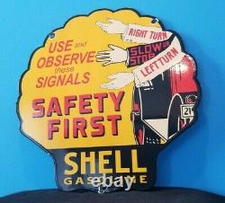 Vintage Shell Gasoline Porcelain Gas Oil Service Station Safety First Pump Sign