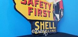 Vintage Shell Gasoline Porcelain Gas Oil Service Station Safety First Pump Sign