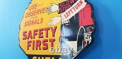 Vintage Shell Gasoline Porcelain Gas Oil Service Station Safety First Pump Sign