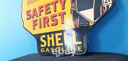 Vintage Shell Gasoline Porcelain Gas Oil Service Station Safety First Pump Sign