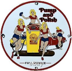 Vintage Shell Gasoline Porcelain Sign Gas Station Pump Plate Motor Oil Pin Up