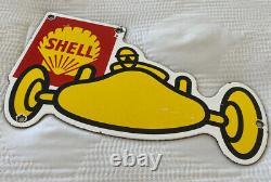 Vintage Shell Indy 500 Gasoline Porcelain Sign Race Car Pump Plate Pit Stop Oil