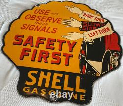 Vintage Shell Oil Porcelain Sign Gasoline Station Safety Advisory Motor Service