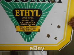 Vintage Sign Original Colonial Ethyl Gasoline Double Sided Porcelain Gas Oil