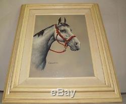 Vintage Signed Casandra Grey Horse Bust Western Art, Framed oil canvas Painting