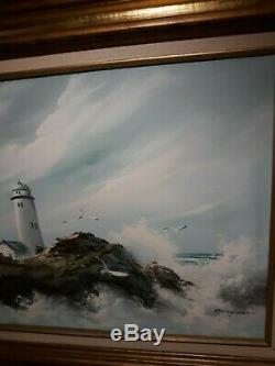 Vintage Signed Framed Oil on Canvas Lighthouse Stormy Seascape Nautical Painting