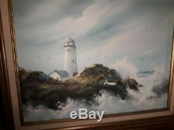 Vintage Signed Framed Oil on Canvas Lighthouse Stormy Seascape Nautical Painting