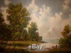 Vintage Signed Oil Painting Mountain Lake Landscape Cabin/Home Framed
