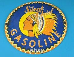 Vintage Silent Chief Gasoline Porcelain Gas Service Station Indian Pump 12 Sign