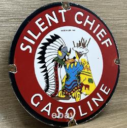 Vintage Silent Chief Gasoline Porcelain Gas Station Sign Motor Oil Pump Plate