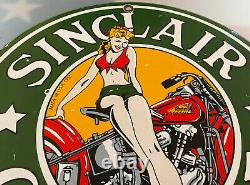 Vintage Sinclair Gasoline Porcelain Pin Up Sign Indian Motorcycle Oil Gas Pump