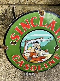 Vintage Sinclair Gasoline Sign Flintstones Dino Gas Oil Pump Porcelain Sign