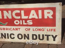 Vintage Sinclair Oil Mechanic on Duty Gasoline Metal Sign Gas With Dino 41X16in