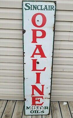 Vintage Sinclair Opaline Motor Oil Original Porcelain Sign 5 x 15 Great Patina