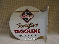 Vintage Skelly Fortified Tagolene Motor Oil 2-Sided Painted Metal Flange Sign