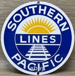 Vintage Southern Pacific Lines Porcelain Sign Gas Station Pump Plate Oil Train