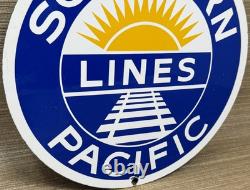 Vintage Southern Pacific Lines Porcelain Sign Gas Station Pump Plate Oil Train