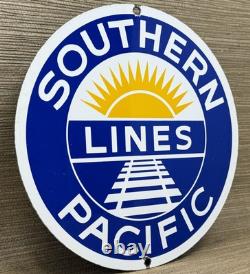 Vintage Southern Pacific Lines Porcelain Sign Gas Station Pump Plate Oil Train