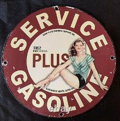 Vintage Style 1952 Service Plus Gasoline 12 Inch Porcelain Sign