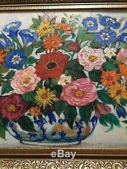 Vintage Stylised Floral Still Life Oil Painting On Board Framed Signed Dated