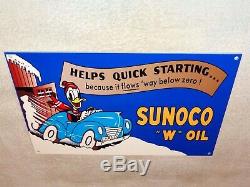 Vintage Sunoco Donald Duck+ Car & Snow 12 Metal Gasoline & Oil Sign Walt Disney