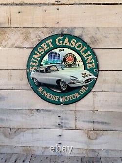 Vintage Sunset Gasoline Porcelain Service Station Oil Pump Plate Oil Sign