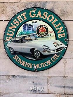 Vintage Sunset Gasoline Porcelain Service Station Oil Pump Plate Oil Sign