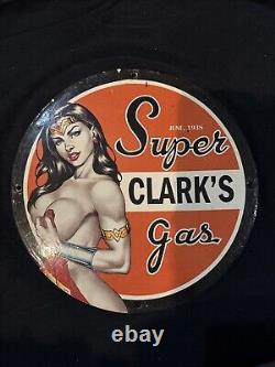 Vintage Super Clark Gas Wonder Women Pinup Girl Porcelain Gas Oil Pump Ad Sign