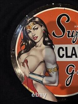 Vintage Super Clark Gas Wonder Women Pinup Girl Porcelain Gas Oil Pump Ad Sign