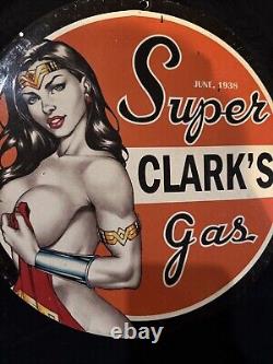 Vintage Super Clark Gas Wonder Women Pinup Girl Porcelain Gas Oil Pump Ad Sign
