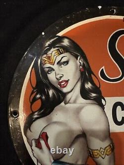 Vintage Super Clark Gas Wonder Women Pinup Girl Porcelain Gas Oil Pump Ad Sign