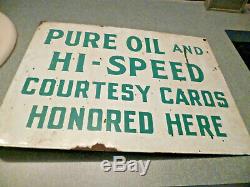 Vintage TWO-SIDED Pure Oil and Hi-Speed Courtesy Card Metal Sign RARE
