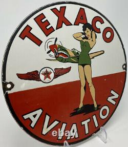 Vintage Texaco Aviation Gasoline Porcelain Sign Gas Station Motor Oil Pump Plate