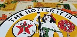 Vintage Texaco Gasoline Porcelain Fire Fighter Chief Gas Oil Service 12 Ad Sign