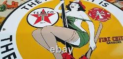 Vintage Texaco Gasoline Porcelain Fire Fighter Chief Gas Oil Service 12 Ad Sign