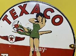 Vintage Texaco Gasoline Porcelain Sign Motor Oil Gas Station Pump Plate Pin Up